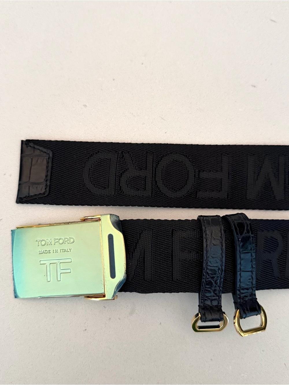 Tom Ford Black Webbed Logo Belt with Iridescent Gold Buckle